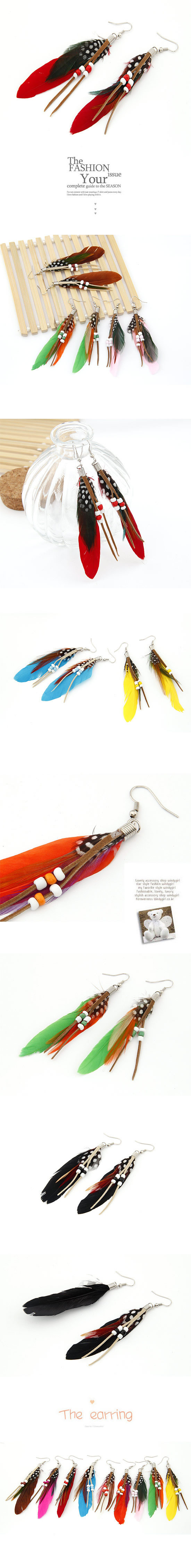Oversized Plum Red Feather Decorated With Bead Charm Design,Drop Earrings