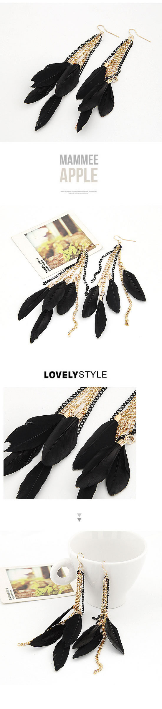 High Black Graceful Feather Charm Design Alloy Korean Earrings,Drop Earrings