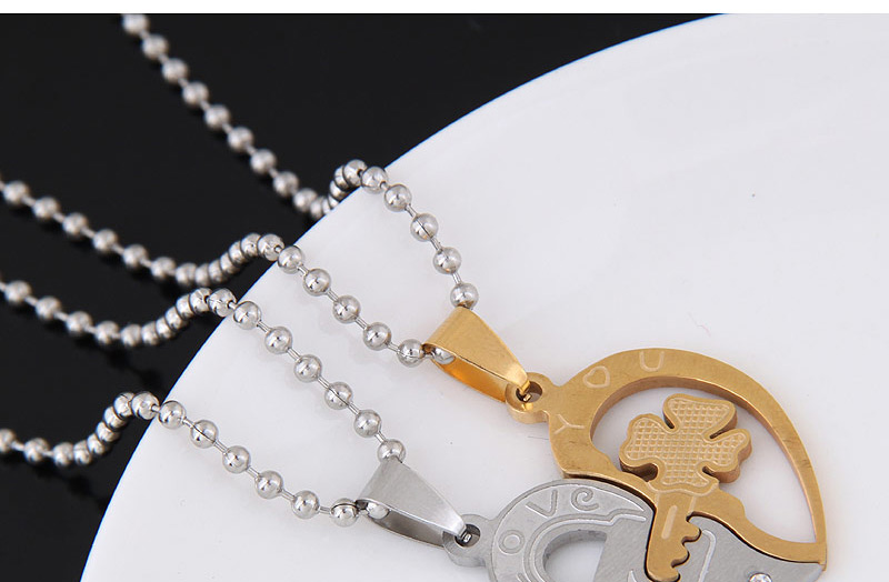 Trendy Gold Color+silver Color Key&lock Pendant Decorated Heart Shape Necklace,Necklaces