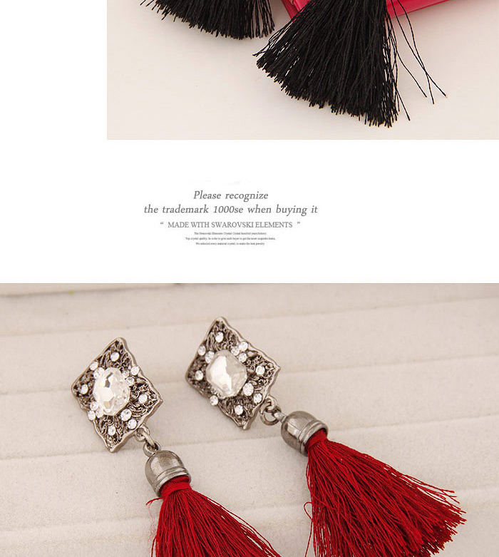Bohemia Red Square Shape Decorated Tassel Earrings,Drop Earrings