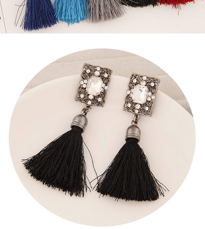 Bohemia Black Square Shape Decorated Tassel Earrings,Drop Earrings