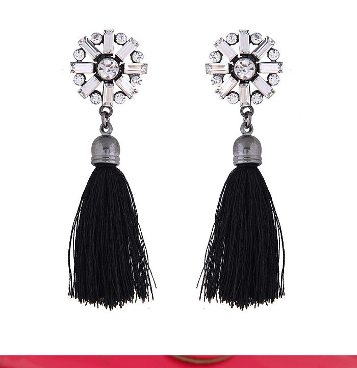 Bohemia Black Round Shape Decorated Tassel Earrings,Drop Earrings