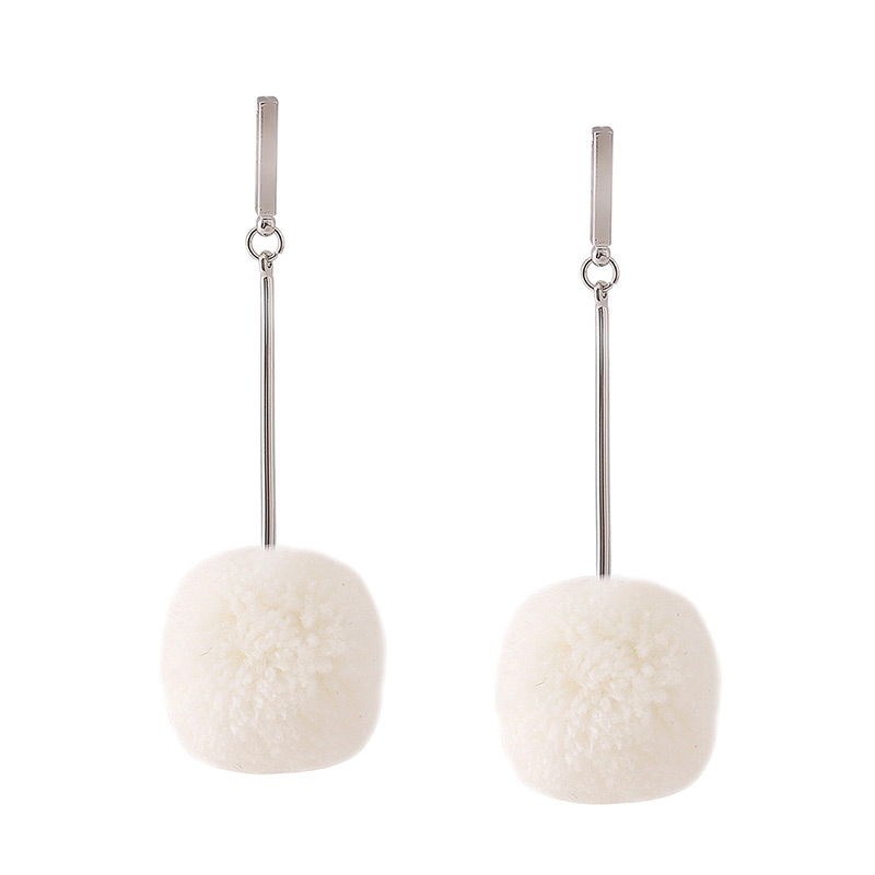 Fashion Silver Color+white Fuzzy Ball Decorated Pure Color Pom Earrings,Drop Earrings