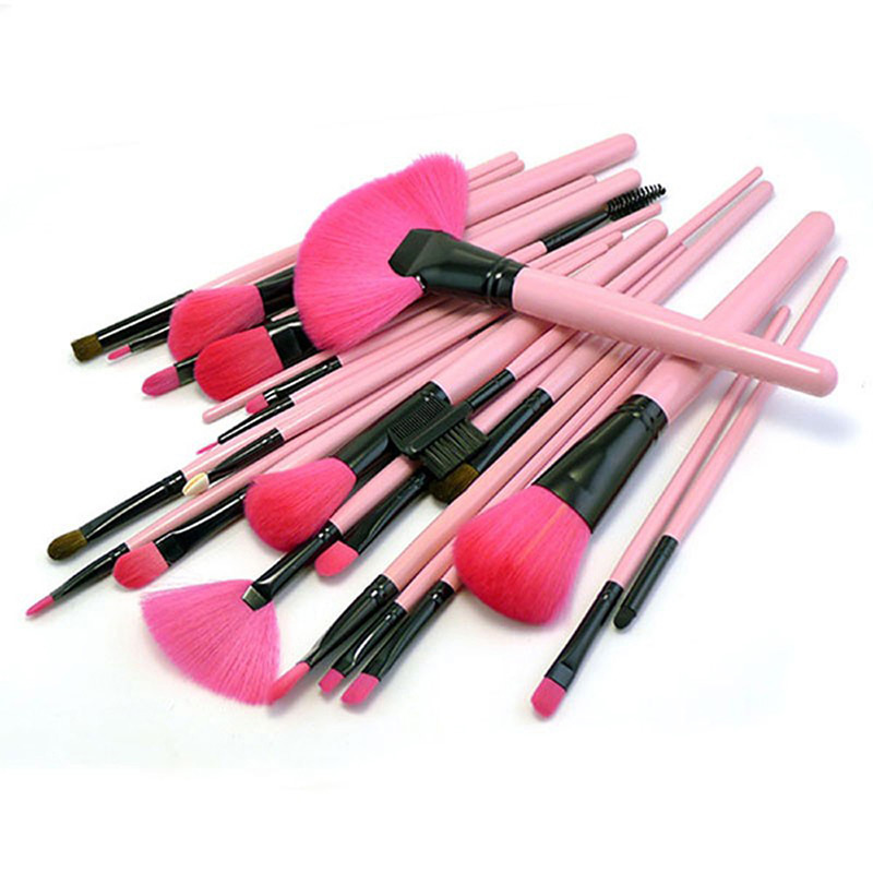 Trendy Pink Sector Shape Decorated Simple Makeup Brush(24pcs With Bag),Beauty tools