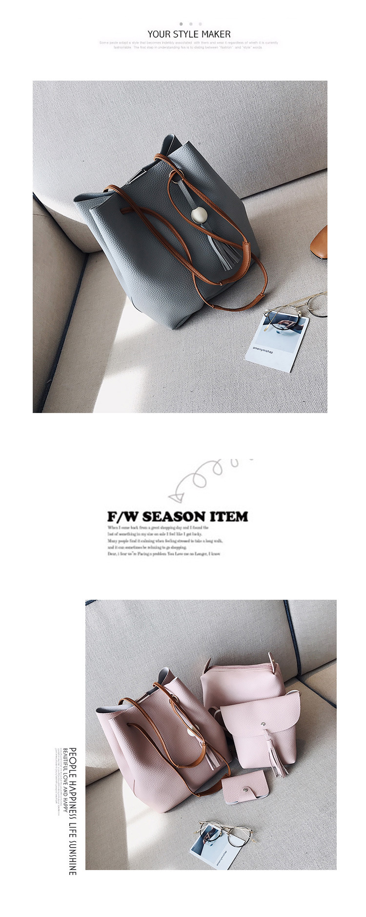 Fashion Black Tassel Decorated Pure Color Shoulder Bag(4pcs),Messenger bags