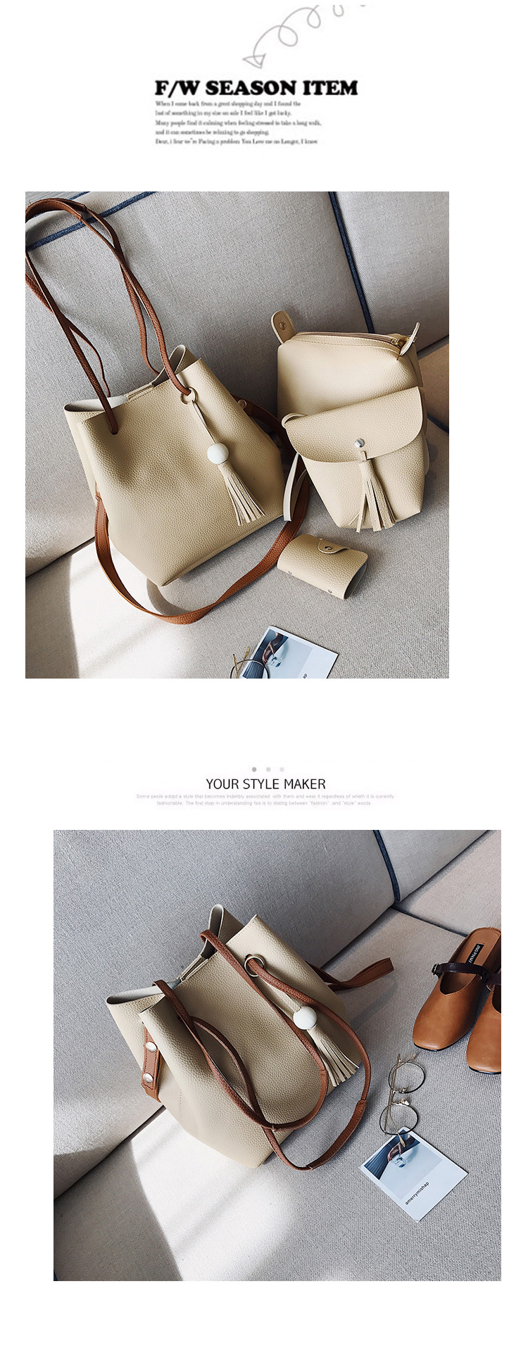 Fashion Black Tassel Decorated Pure Color Shoulder Bag(4pcs),Messenger bags