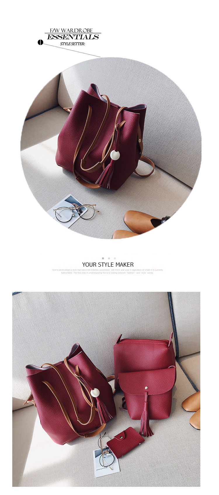 Fashion Pink Tassel Decorated Pure Color Shoulder Bag(4pcs),Messenger bags