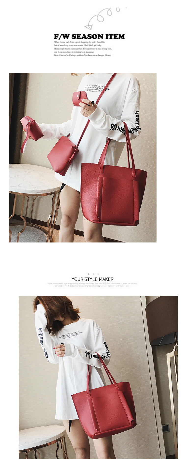 Fashion Red Pure Color Decorated Shoulder Bag(4pcs),Messenger bags