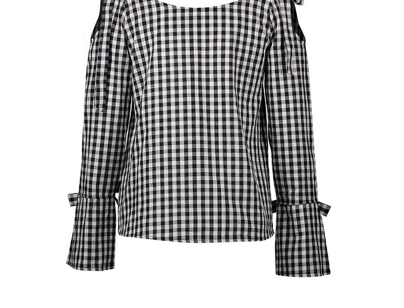 Elegant Black Bowknot&grid Decorated Long Sleeves Shirt,Blouses