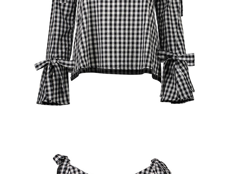 Elegant Black Bowknot&grid Decorated Long Sleeves Shirt,Blouses