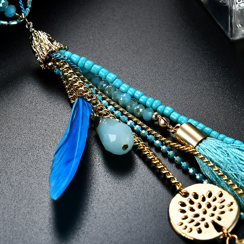 Fashion Blue Tassel&feather Decorated Simple Necklace,Pendants