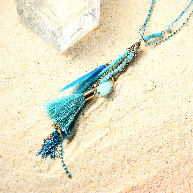 Fashion Blue Tassel&feather Decorated Simple Necklace,Pendants