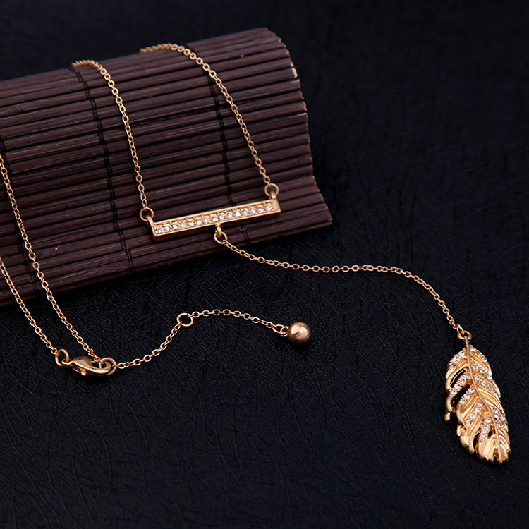 Vintage Gold Color Feather Pendant Decorated Long Necklace,Multi Strand Necklaces