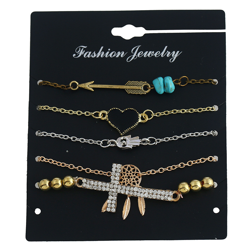 Trendy Gold Color Cross&heart Shape Decorated Simple Bracelet(5pcs),Fashion Bracelets