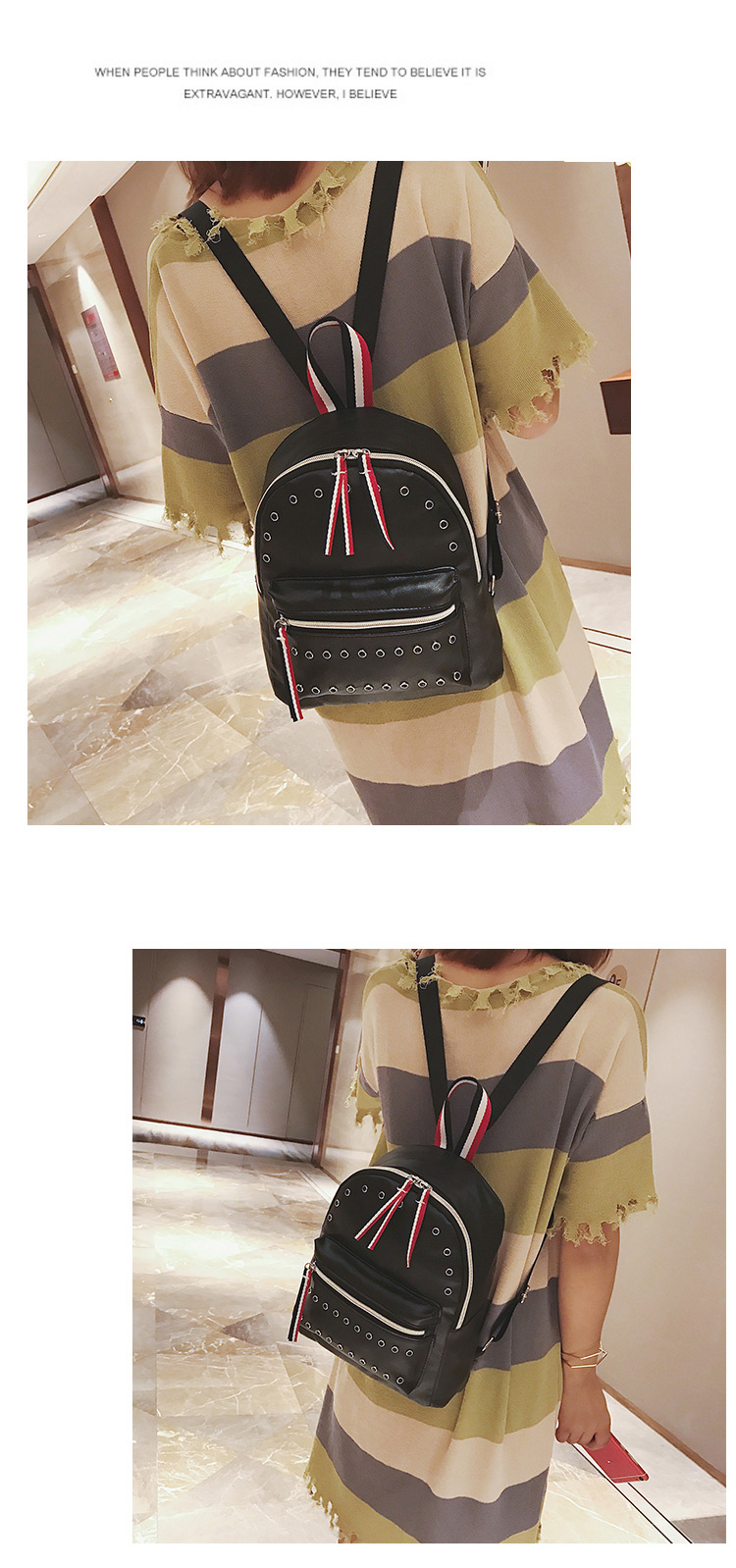 Fashion Black Color-maching Decorated Backpack,Backpack