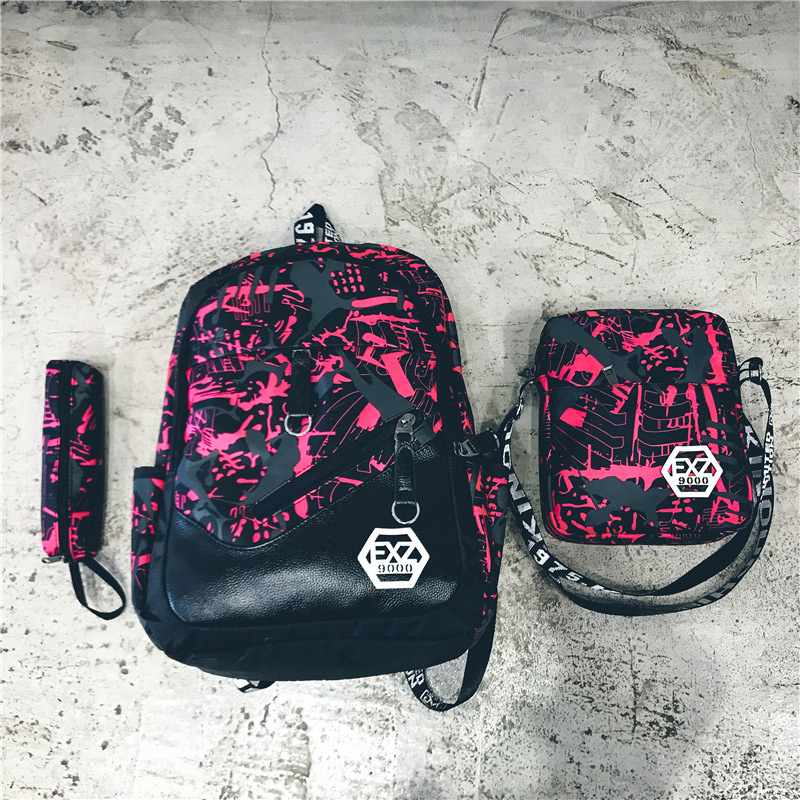 Fashion Plum-red Color-matching Decorated Backpack (3pcs),Backpack