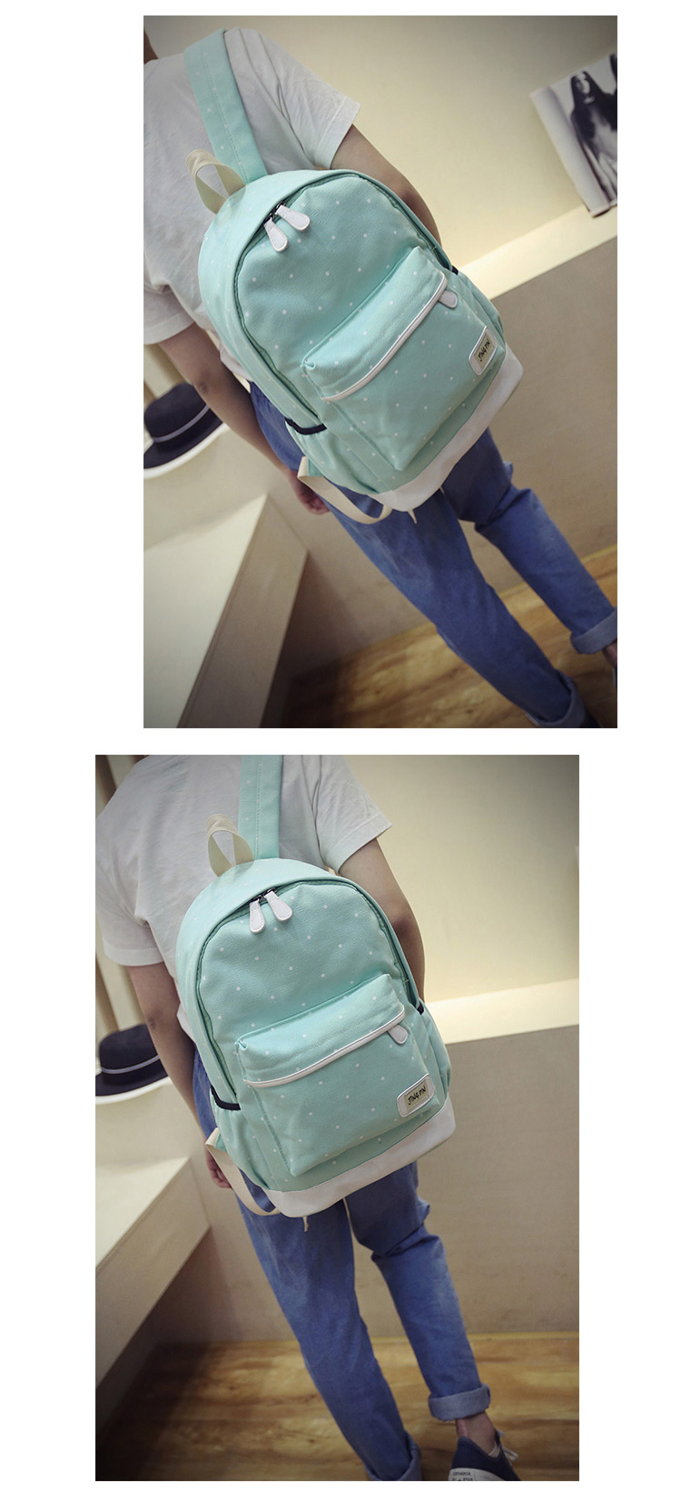 Fashion Light Green Dot Shape Decorated Backpack (3pcs),Backpack