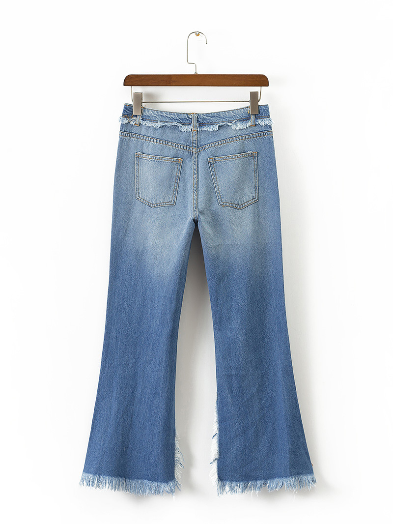 Vintage Blue Irregular Decorated Bell-bottoms,Pants