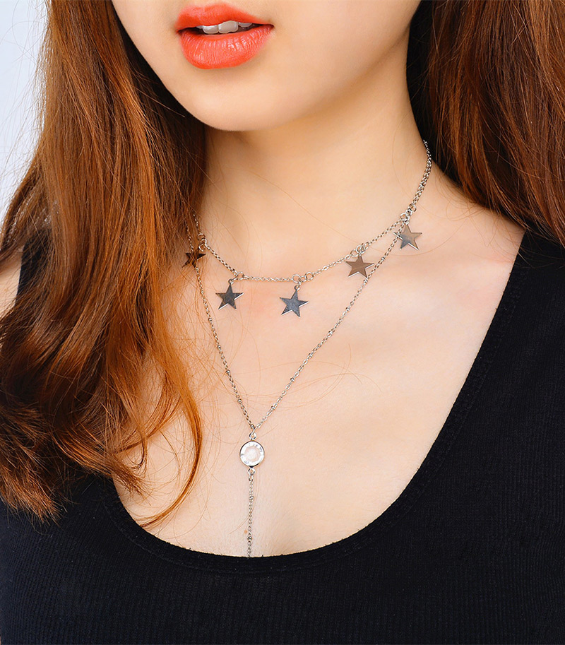 Vintage Silver Color Star Shape Decorated Double Layer Choker,Multi Strand Necklaces