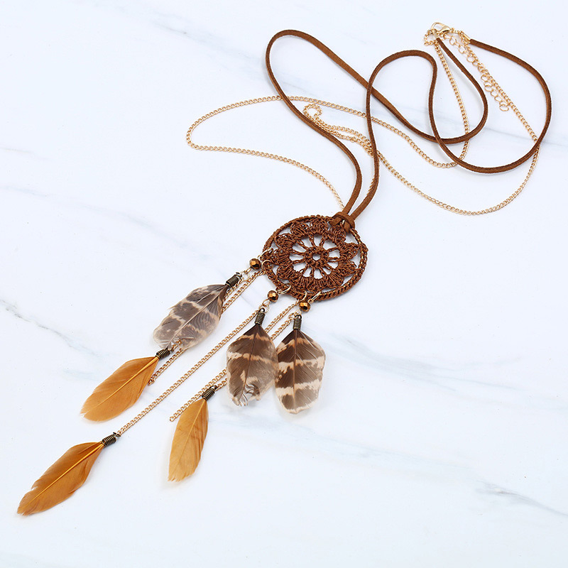 Bohemia Coffee Feather Decorated Necklace,Pendants
