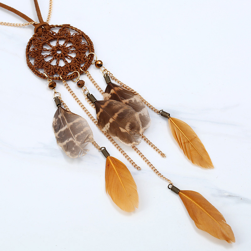Bohemia Coffee Feather Decorated Necklace,Pendants