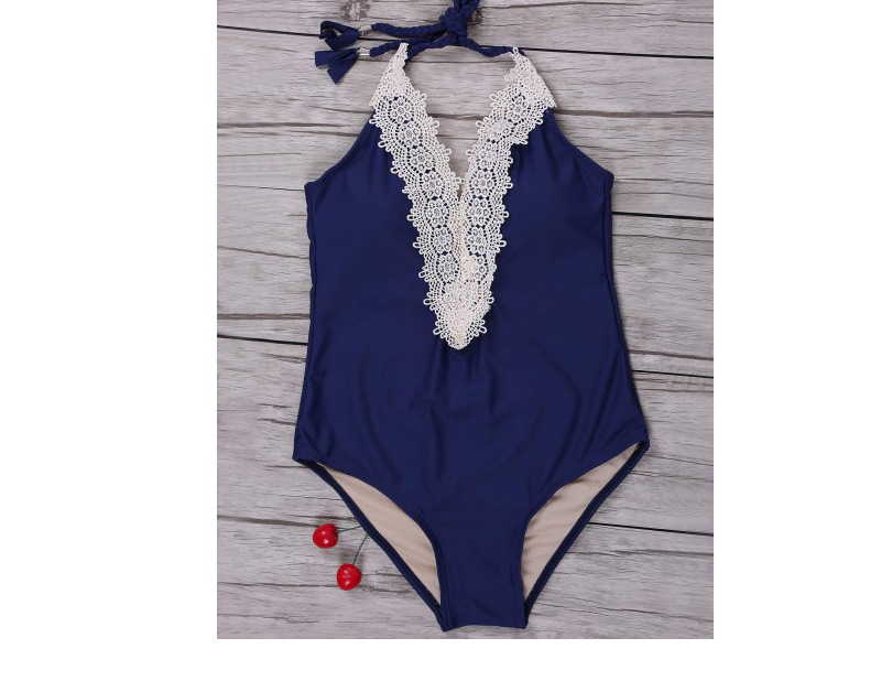 Sexy Blue Lace Decorated V-neckline Swimwear,One Pieces