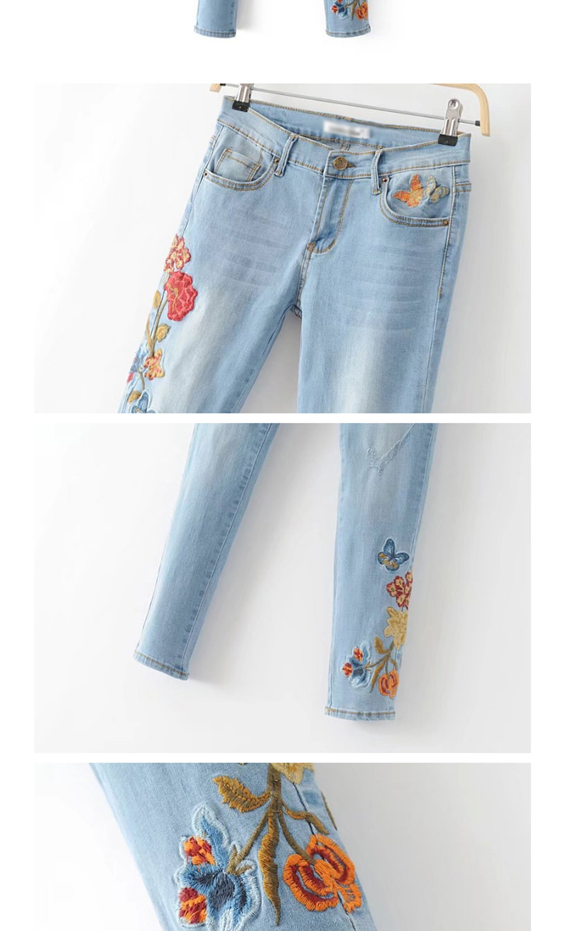 Vintage Light Blue Embroidery Flower Decorated Jeans,Pants
