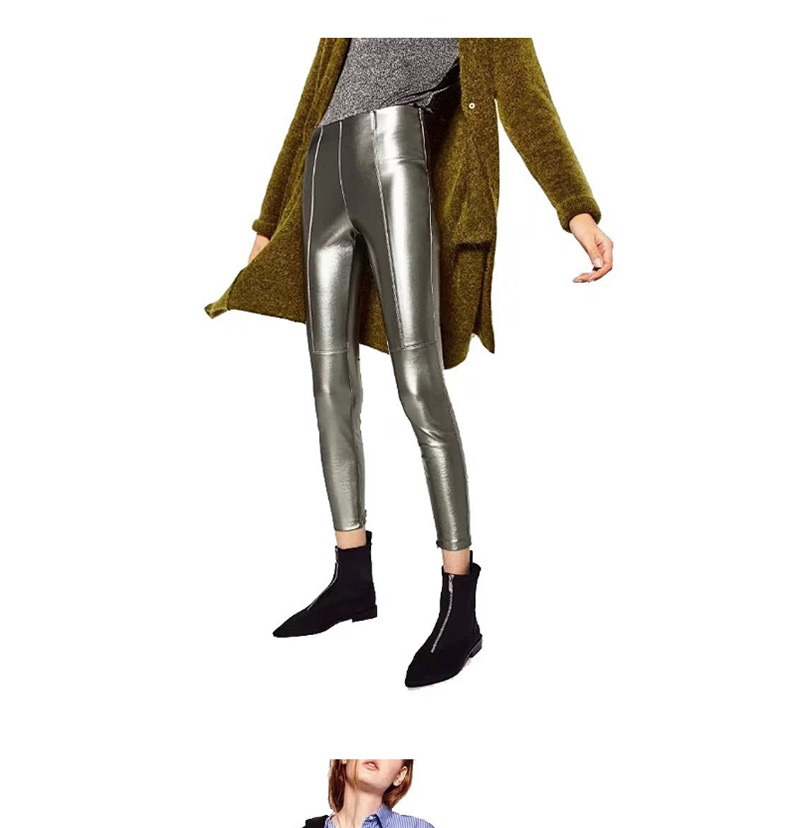 Sexy Silver Color Pure Color Decorated Leather Pants,Pants
