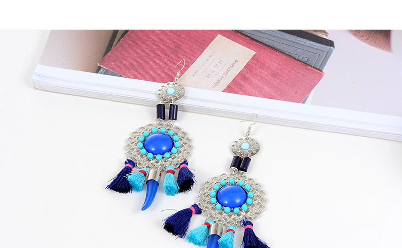 Fashion Sapphire Blue Hollow Out Decorated Tassel Earrings,Drop Earrings