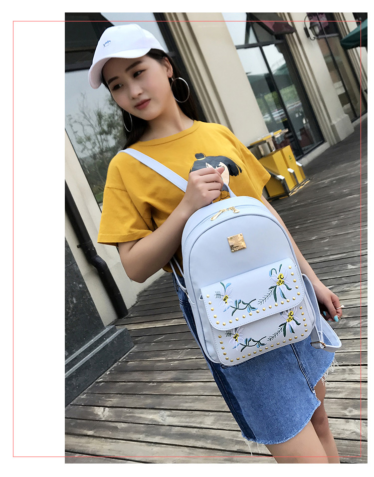 Fashion Grey Rivet Decorated Flower Pattern Backpack (4 Pcs ),Backpack