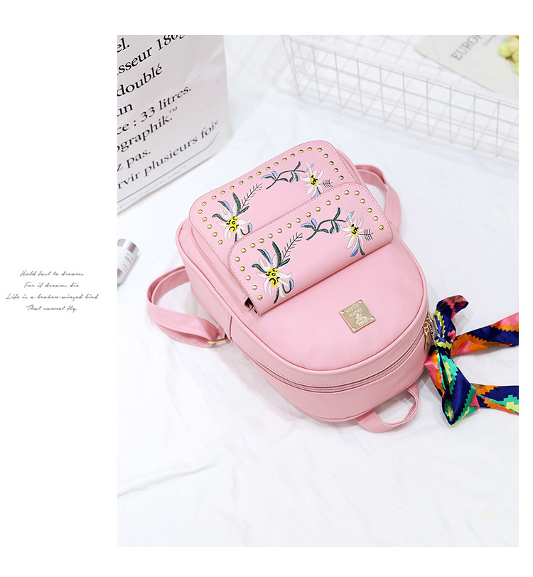 Fashion Pink Rivet Decorated Flower Pattern Backpack (4 Pcs ),Backpack