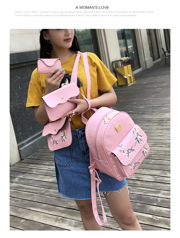 Fashion Pink Rivet Decorated Flower Pattern Backpack (4 Pcs ),Backpack