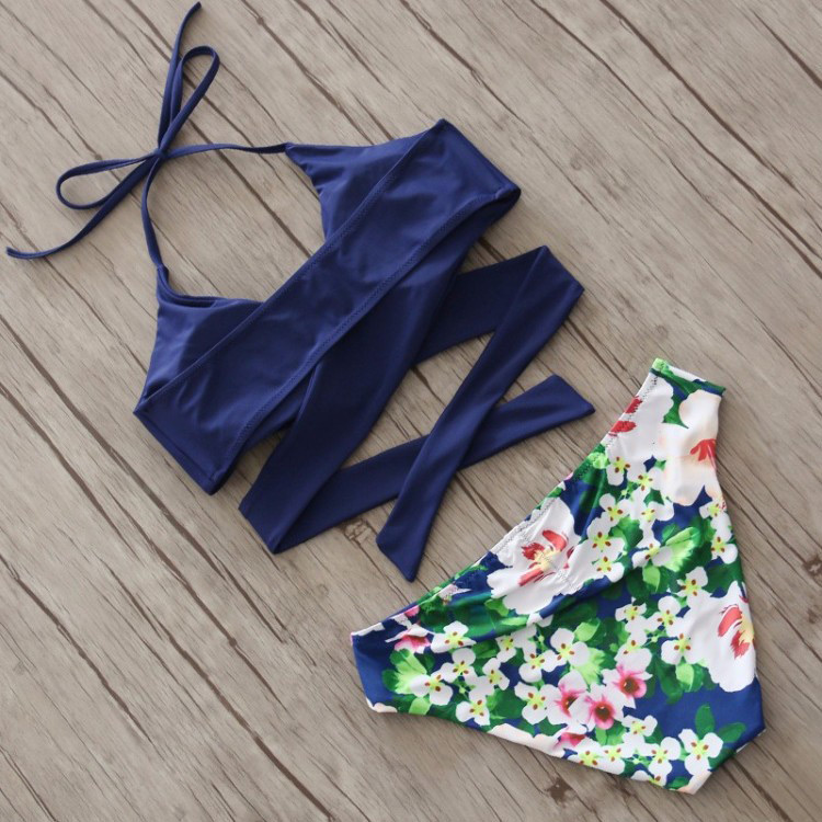 Sexy Blue Flower Pattern Decorated Bikini,Bikini Sets