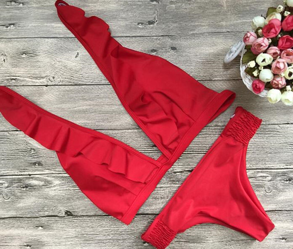 Sexy Red Pure Color Decorated Split Swimwear,Bikini Sets