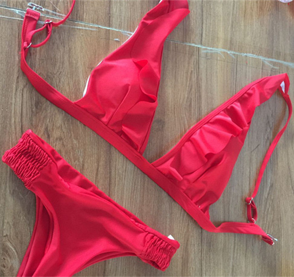 Sexy Red Pure Color Decorated Split Swimwear,Bikini Sets