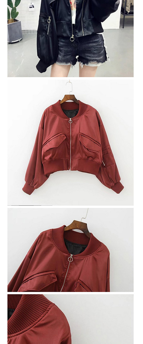 Fashion Red Pure Color Decorated Jacket,Coat-Jacket