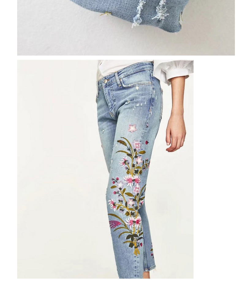 Fashion Blue Embroidery Flower Decorated Jeans Pant,Pants