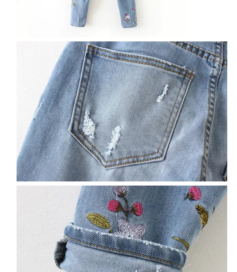 Fashion Blue Embroidery Flower Decorated Jeans Pant,Pants