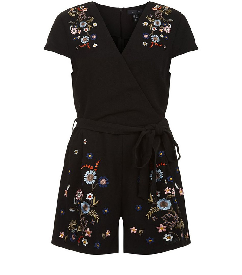 Fashion Black Embroidery Flower Decorated Jumpsuit,Shorts