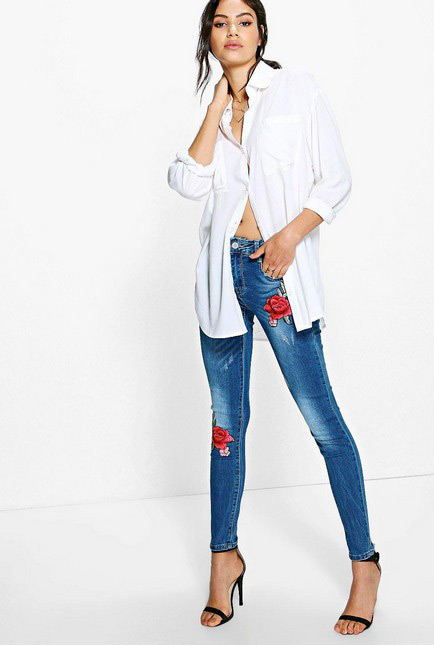 Fashion Blue Flower Pattern Decorated Jeans,Pants