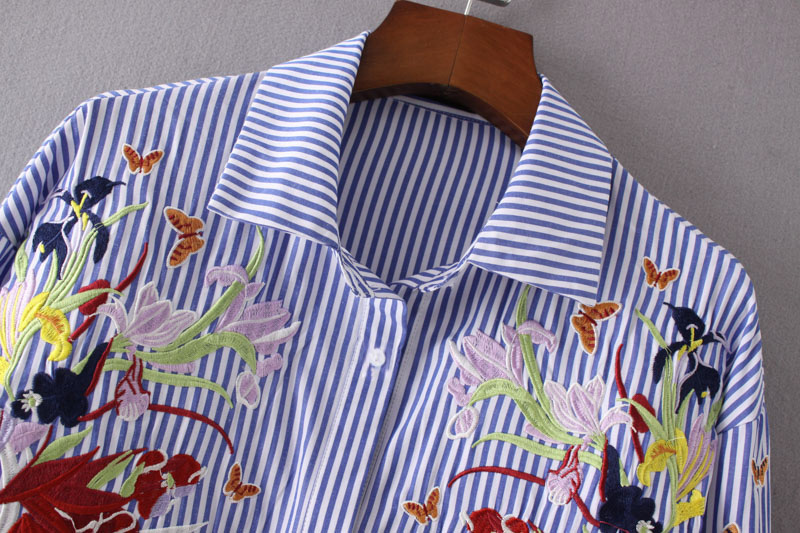 Fashion Blue+white Flower&butterfly Pattern Decorated Shirt,Blouses