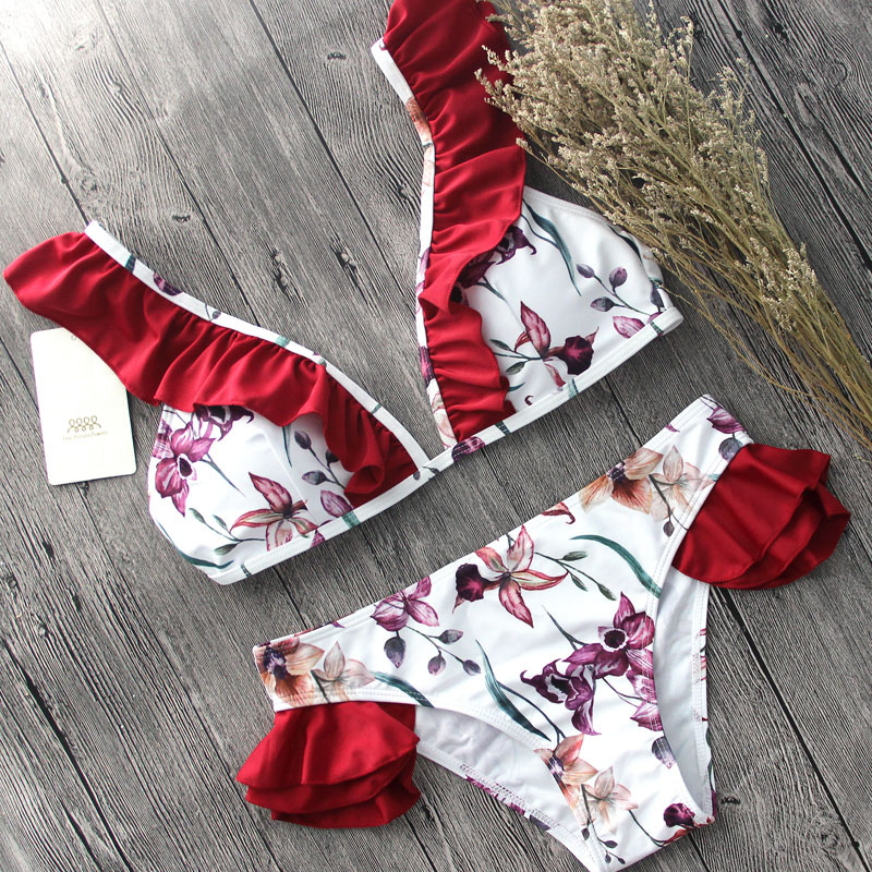 Sexy White Flower Pattern Decorated Split Bikini,Bikini Sets