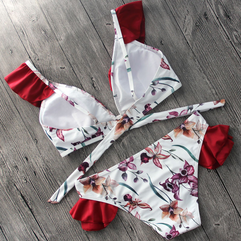 Sexy White Flower Pattern Decorated Split Bikini,Bikini Sets