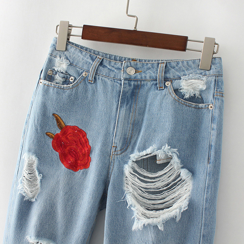 Fashion Blue Embroidery Flower Decorated Holes Jeans,Pants
