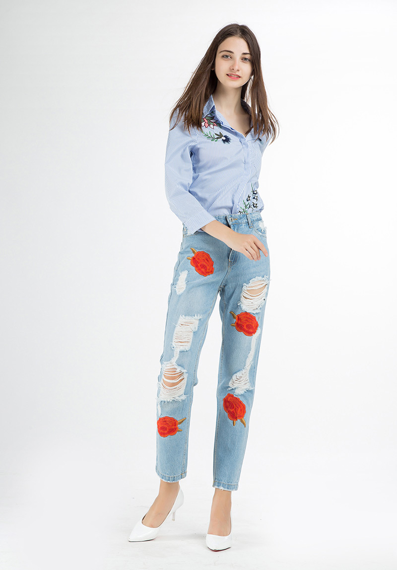 Fashion Blue Embroidery Flower Decorated Holes Jeans,Pants