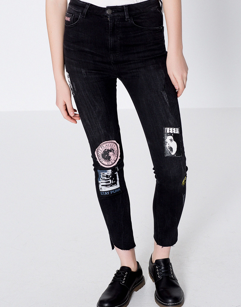 Fashion Black Cartoon Pattern Decorated Simple Jeans,Pants