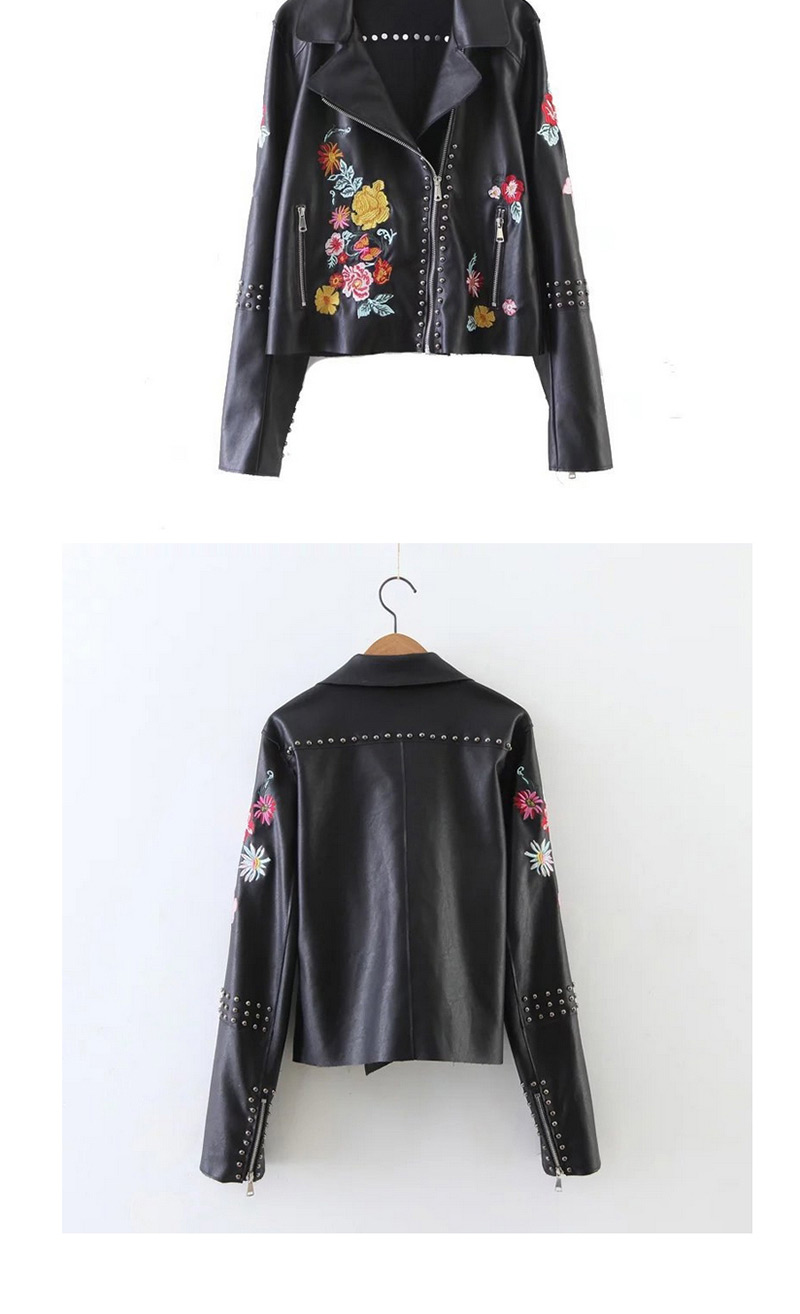 Trendy Black Rivet&flower Decorated Long Sleeves Leather Coat,Coat-Jacket