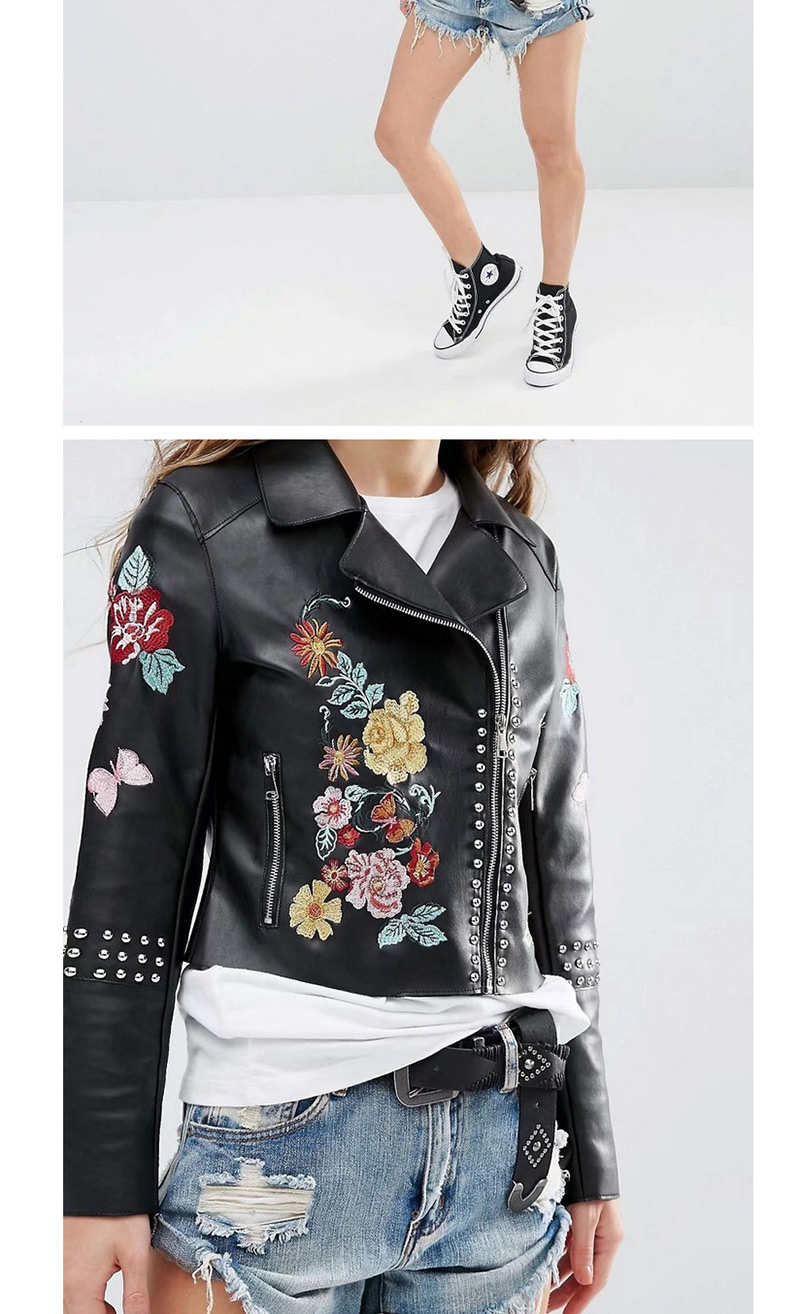 Trendy Black Rivet&flower Decorated Long Sleeves Leather Coat,Coat-Jacket