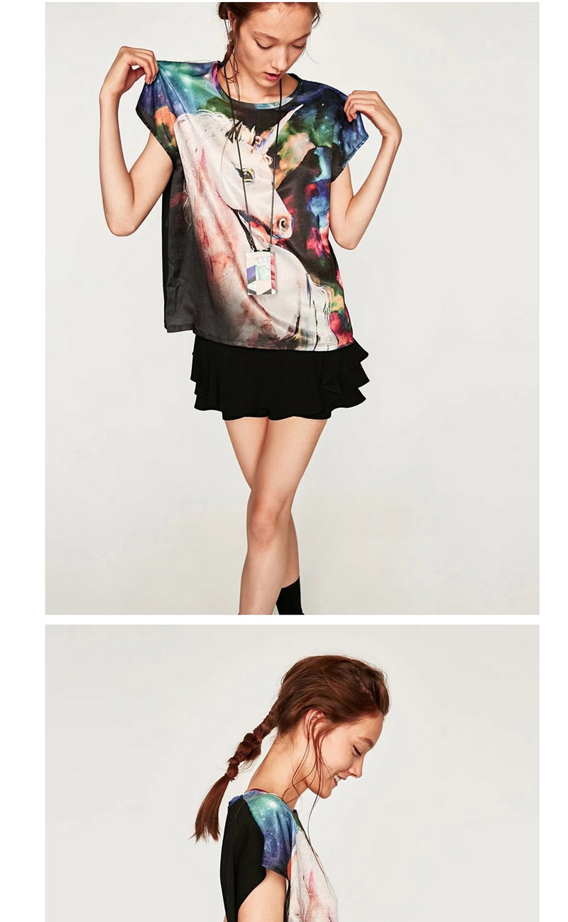 Trendy Multi-color Horse Pattern Decorated Short Sleeves T-shirt,Tank Tops & Camis