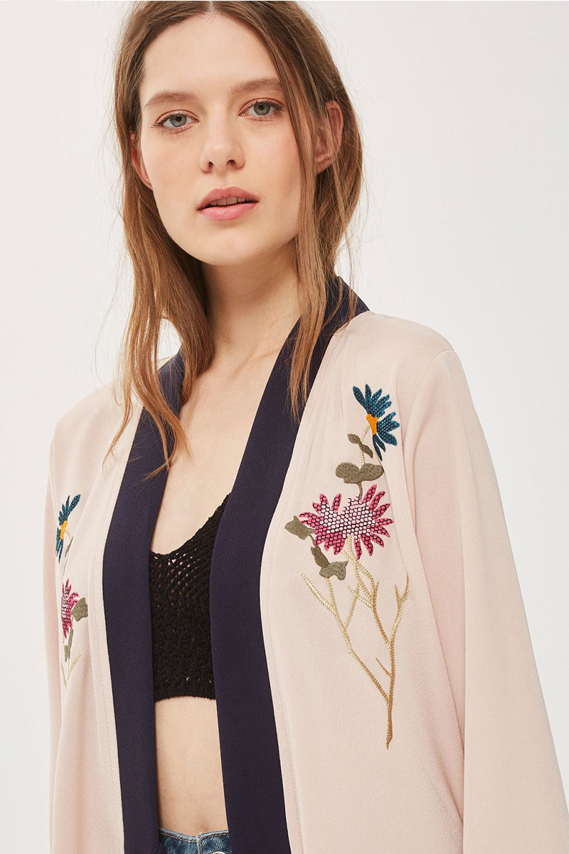 Fashion Light Khaki Embroidery Flower Decorated Long Sleeves Coat,Coat-Jacket